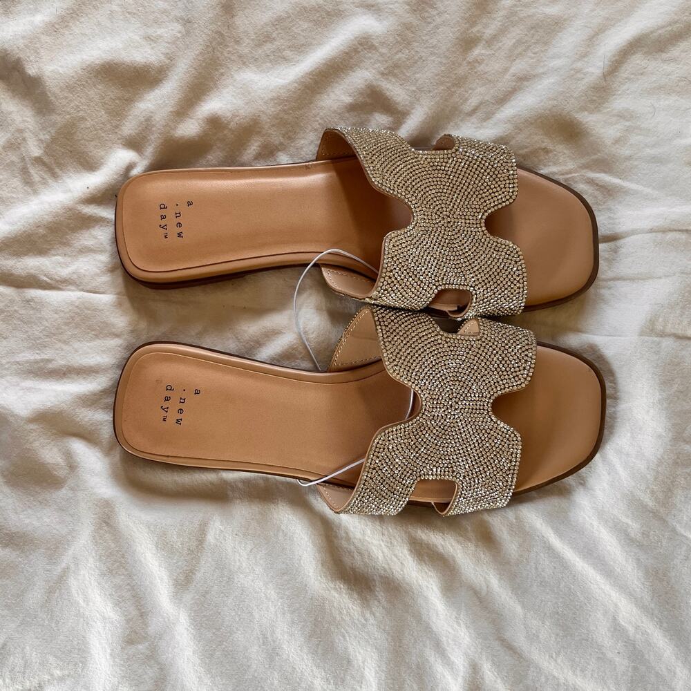 A New Day Rhinestone H-Band Flat Slide Sandals Sparkle Tan Nude Size 8.5W